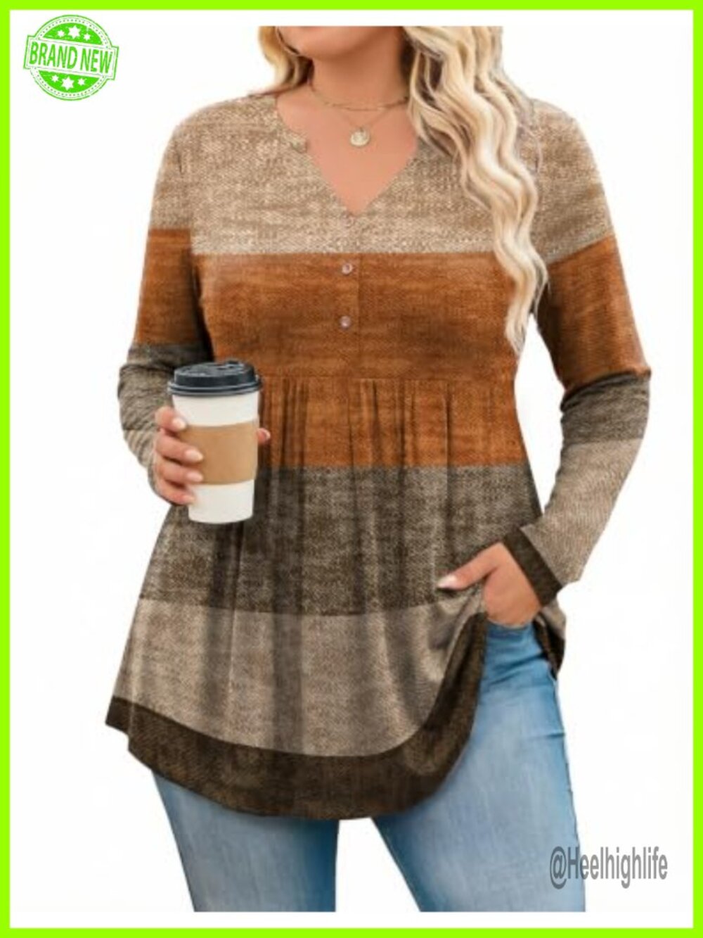 Plus Size Long Sleeve Henley Tunic Top Flowy Pleated Blouse